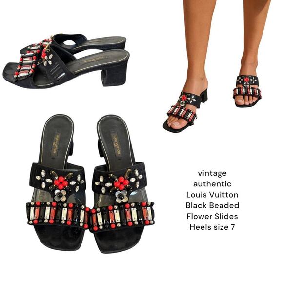 Authentic LOUIS VUITTON Black Suede Beaded Slides Mules Heels sz. 7/37 - Picture 1 of 8